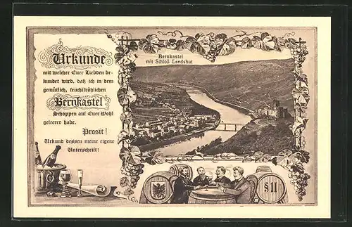 AK Bernkastel, Panorama mit Schloss Landshut im Passepartout mit Urkunde, Trinkende Herrschaften im Weinkeller