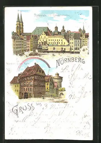Lithographie Nürnberg, Albrecht Dürer Haus und Marktplatz mit Sebalduskirche