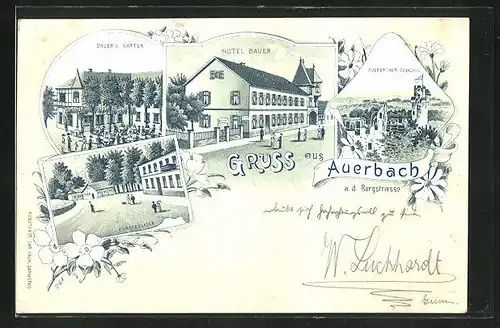 Lithographie Auerbach a. d. Bergstrasse, Hotel Bauer, Fürstenlager, Schloss