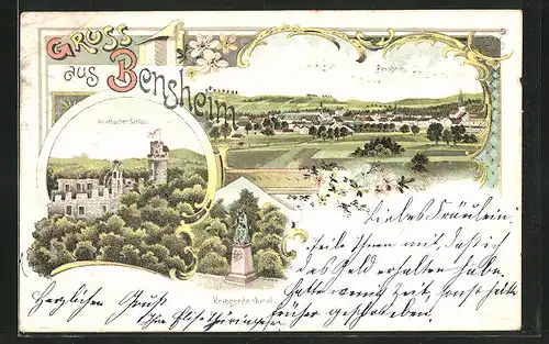 Lithographie Bensheim, Auerbacher Schloss, Kriegerdenkmal, Ortsansicht