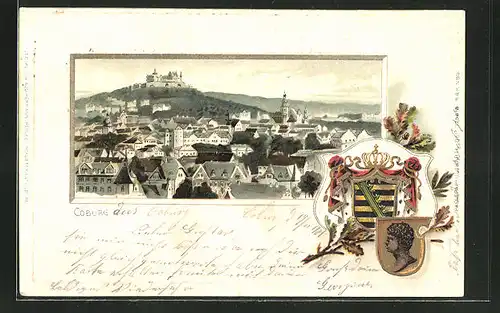 Passepartout-Lithographie Coburg, Ortsansicht aus der Vogelschau, Wappen