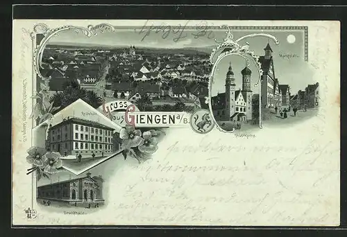 Mondschein-Lithographie Giengen, Blick auf Stadtkirche, Marktplatz, Feuchthalle und Realschule