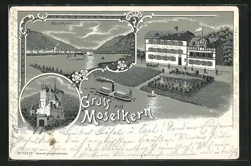 Lithographie Moselkern, Ortsansicht, Hotel zur Burg Elz, Schloss Elz