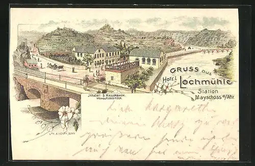 Lithographie Mayschoss a. Ahr. / Lochmühle, Ortspartie mit Hotel Lochmühle