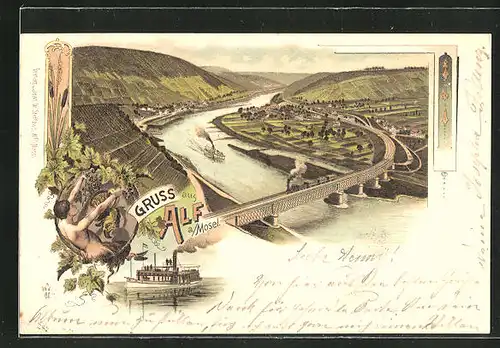 Lithographie Alf a. / Mosel, Totalansicht mit Brücke, Mann mit Weintrauben