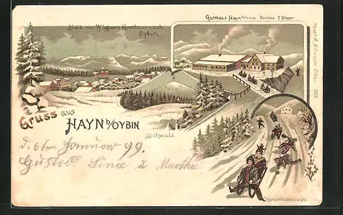 Winter-Lithographie Oybin-Hain, Blick von Wagner's Gasthaus zum Ort, Gasthaus Hayn, Hörnerschlittenfahrt