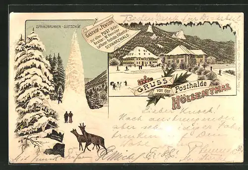Winter-Lithographie Höllenthal, Ortspartie mit Posthalde, Springbrunnen-Gletscher