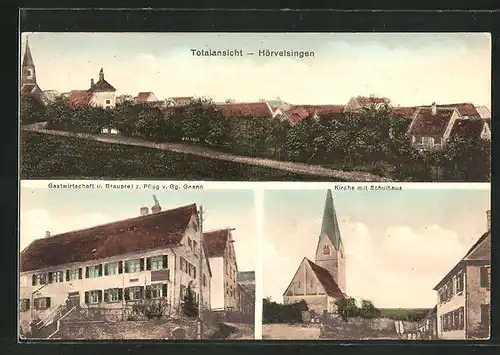 AK Hörvelsingen, Totalansicht, Gastwirtschaft u. Brauerei z. Pflug, Kirche mit Schulhaus