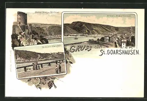 Präge-Lithographie St. Goarshausen, Ortsansichten mit St. Goar und Rheinfels, Ruine Katz u. St. Goar