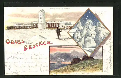 Winter-Lithographie Brocken, Skifahrer am Brockenhaus im Winter, Tannengruppe im Winter, Gewitter