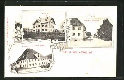 AK Altusried, Pfarrhof, Strassenpartie mit Gebäudeansicht, Gasthaus zum weissen Rössle
