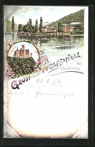 Lithographie Oberlahnstein, Gasthaus Wolfsmühle, Burg Lahneck
