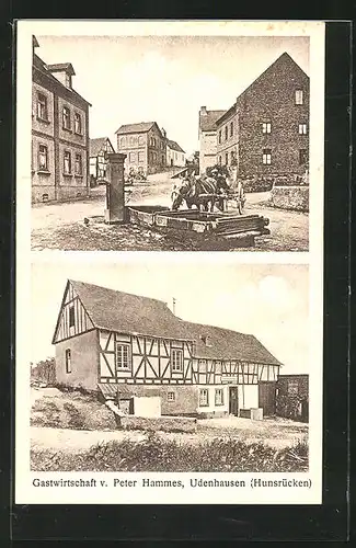 AK Udenhausen / Hunsrück, Gasthof von Peter Hammes, Strassenpartie mit Brunnen