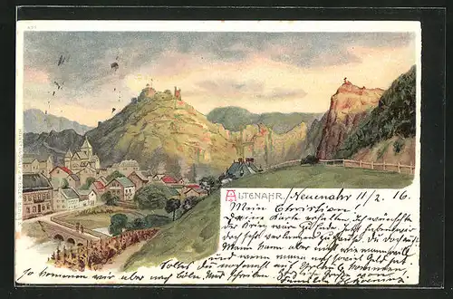 Lithographie Altenahr, Ortspartie im Gebirge