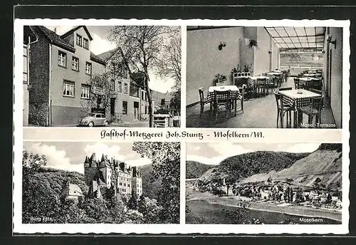 AK Moselkern /M., Gasthof-Metzgerei Joh. Stuntz, Ortsansicht, Burg Eltz