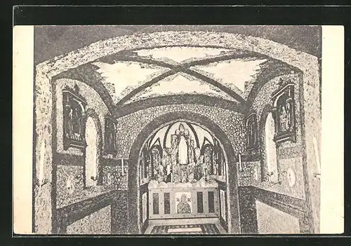 AK Keldenich /Eifel, Blick in die Lourdes-Kapelle auf Grotte mit Mosaik