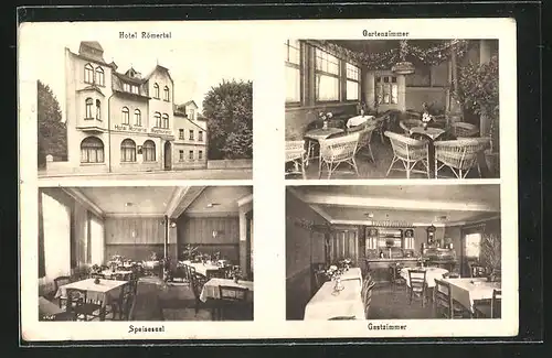 AK Bad Salzig a. Rh., Hotel Römertal, Innenansichten Speisesaal, Gastzimmer, Gartenzimmer