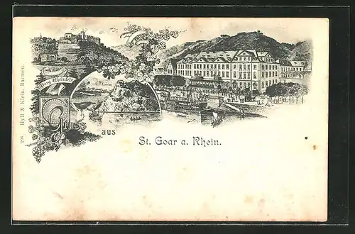 Lithographie St. Goar / Rhein, Burg Rheinfels, Loreley und Hotel Rheinfels