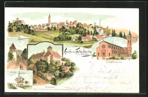 Lithographie Friedberg / Bayern, Kirche Maria Alber, Schloss, Stadtpfarrkirche und Gesamtansicht