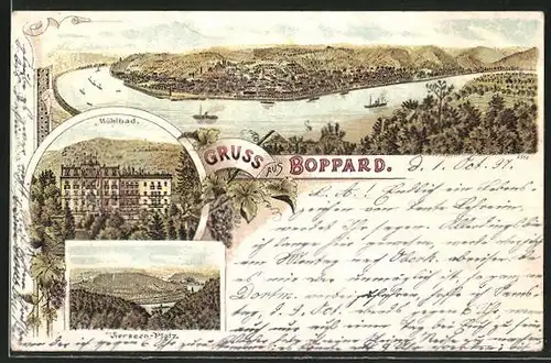 Lithographie Boppard, Totalansicht, Mühlbad, Vierseen-Platz
