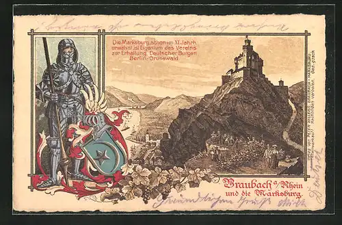 Lithographie Braubach a. Rhein, Ortsansicht mit Marksburg, Ritter mit Wappen