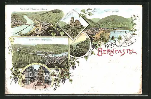 Lithographie Berncastel, Totalansicht, Panorama von der Burg, Ortsansicht und Kaiserstuhl, Marktplatz