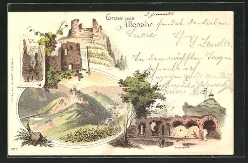 Lithographie Altenahr, Burgkapelle, Burgverliess und Rittersprung