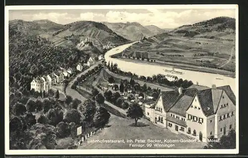 AK Kobern-Gondorf / Mosel, Ortsansicht mit Bahnhofrestaurant v. Peter Becker und Fluss