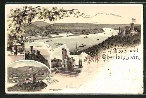 Lithographie Oberlahnstein, Burg Lahneck, Eingang zum Schloss, Stolzenfels