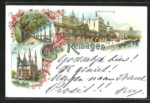 Lithographie Remagen, Hotel Fürstenberg, Kirche