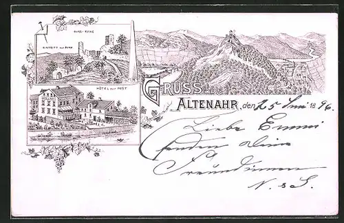 Lithographie Altenahr, Hotel zur Post, Burg-Ruine
