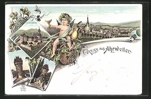 Lithographie Ahrweiler, Oberthor, Niederthor, Calvarien-Berg