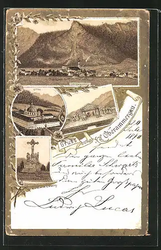 Lithographie Oberammergau, Kreuzigungsgruppe, Kloster Ettal