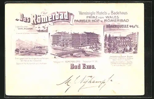 Lithographie Bad Ems, "Das Römerbad", Vereinigte Hotels Prinz von Wales, Pariser Hof und Römerbad