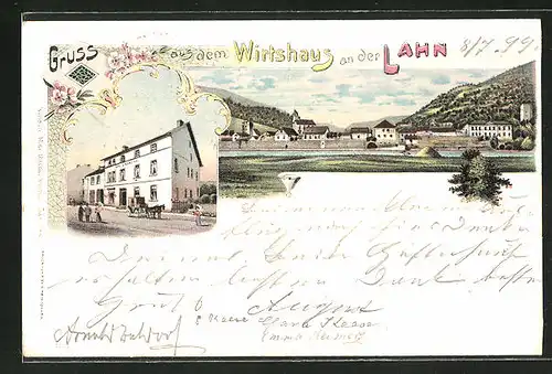 Lithographie Dausenau, Restaurant Wirtshaus an der Lahn