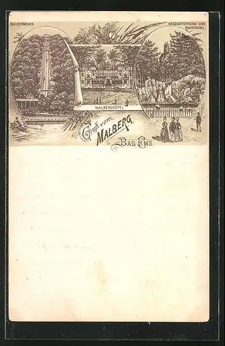 Vorläufer-Lithographie Bad Ems, 1893, Malberghotel, Malbergbahn, Aussichtsthurm mit Wasserfall