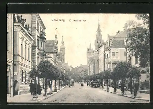 AK Straubing, Eisenbahnstrasse mit Blick zur Kirche