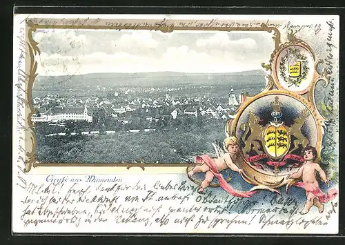 Passepartout-Präge-Lithographie Winnenden, Ortsansicht mit Wappen
