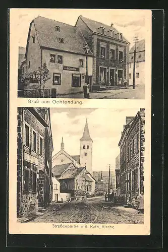 AK Ochtendung, Ortspartie mit Blick zur kathol. Kirche, Geschäftshaus von Jos. Diedenhofen