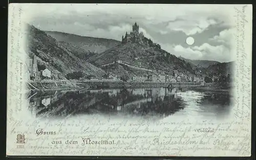 Mondschein-AK Cochem / Mosel, Totalansicht mit mit Blick zur Burg im Moselthal