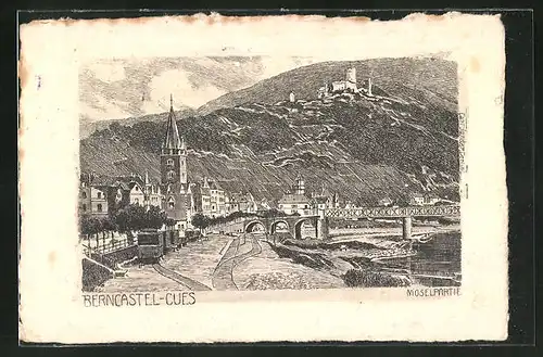 Lithographie Bernkastel-Kues, Teilansicht mit Blick zur Burg und Brücke