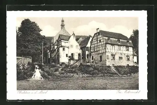AK Beilstein / Mosel, Gasthaus Zur Burg Metternich mit Blick zur Kirche