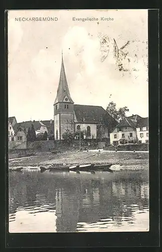 AK Neckargemünd, Teilansicht mit evangelischer Kirche, Ruderboote