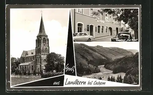 AK Landkern, Kirche, Gasthof zur Post, Landschaftsansicht