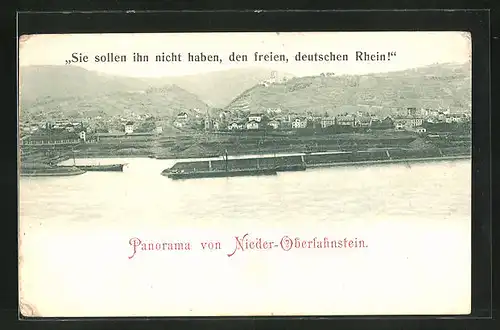 AK Nieder-Oberlahnstein, Ortspanorama vom Rhein aus gesehen, "Sie sollen ihn nicht haben, den freien, deutschen Rhein!"