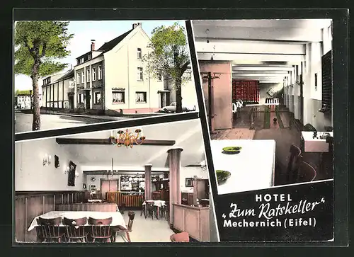 AK Mechernich / Eifel, Hotel "Zum Ratskeller", Aussenansicht, Innenansichten Speiseraum