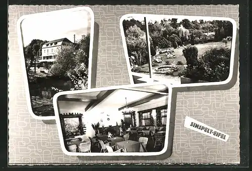 AK Sinspelt / Eifel, Hotel W. Altringer, Aussenansicht, Speiseraum und Garten mit Liegestühlen