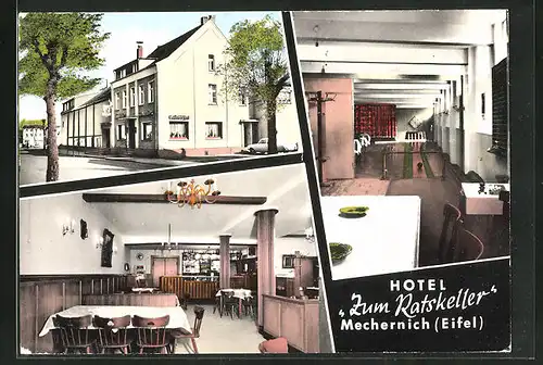 AK Mechernich / Eifel, Hotel "Zum Ratskeller", Aussenansicht, Innenansichten Speiseraum