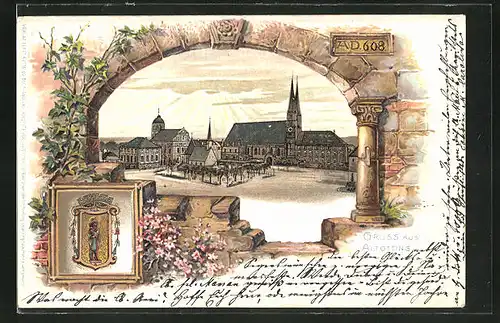 Passepartout-Lithographie Altötting, Marktplatz mit Kirche, Wappen