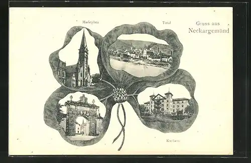 Passepartout-Lithographie Neckargemünd, Ansichten auf Kleeblatt, Kurhaus, Marktplatz